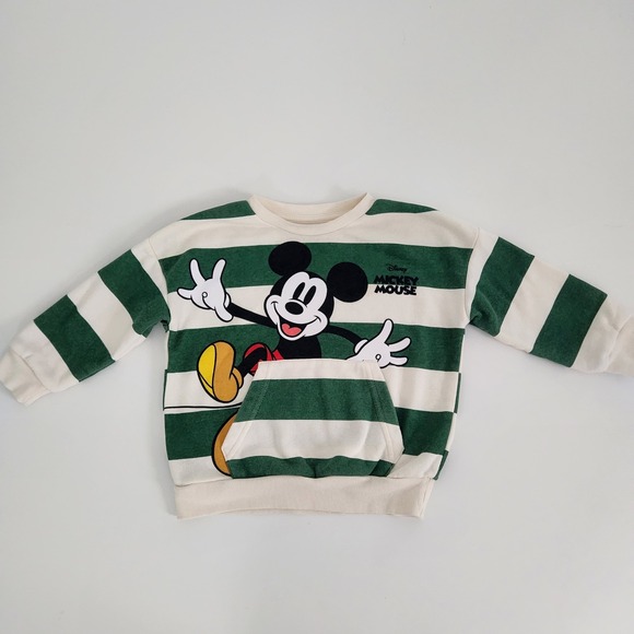 Disney Junior Other - Disney Mickey Mouse Striped Green Cream Sweatshirt Kids‎ 4T Kangaroo Pocket